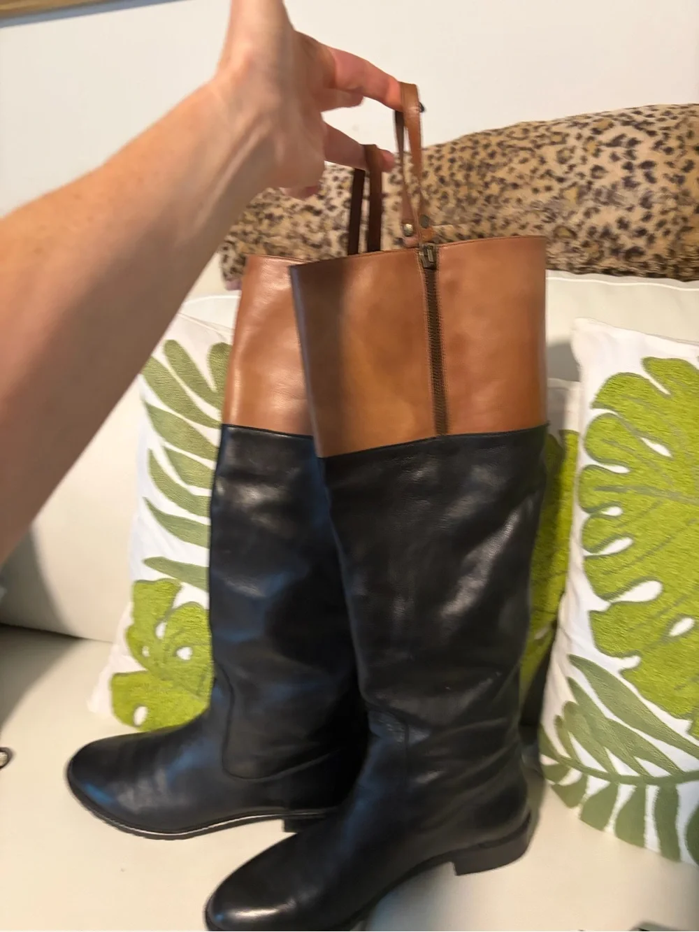Stuart Weitzman Two-Tone Black and Brown Over-the-Knee Leather Boots
